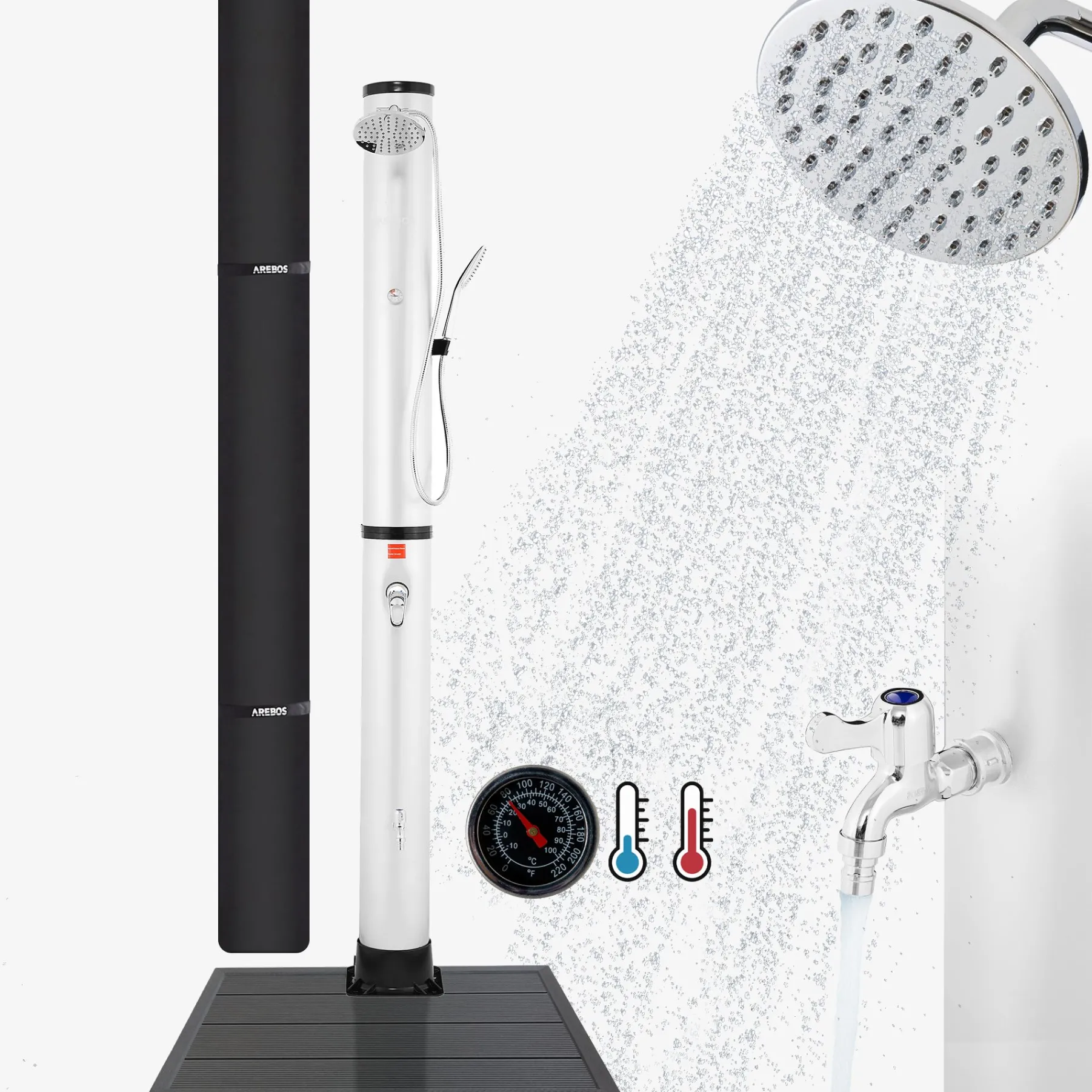 Solardusche 40L mit Thermometer, Handbrause & Bodenelement Anthrazit