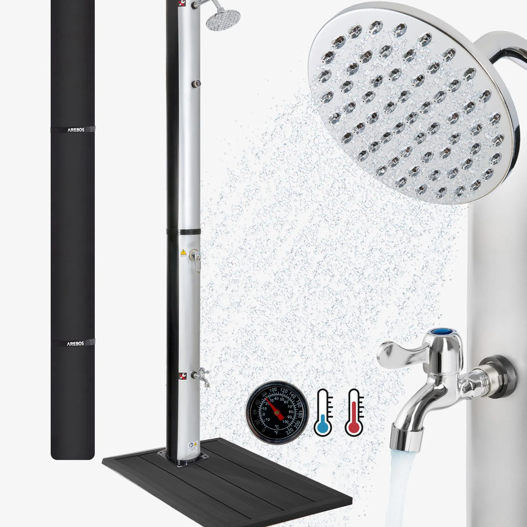 Solardusche 37L Silber rund - Bodenelement Anthrazit